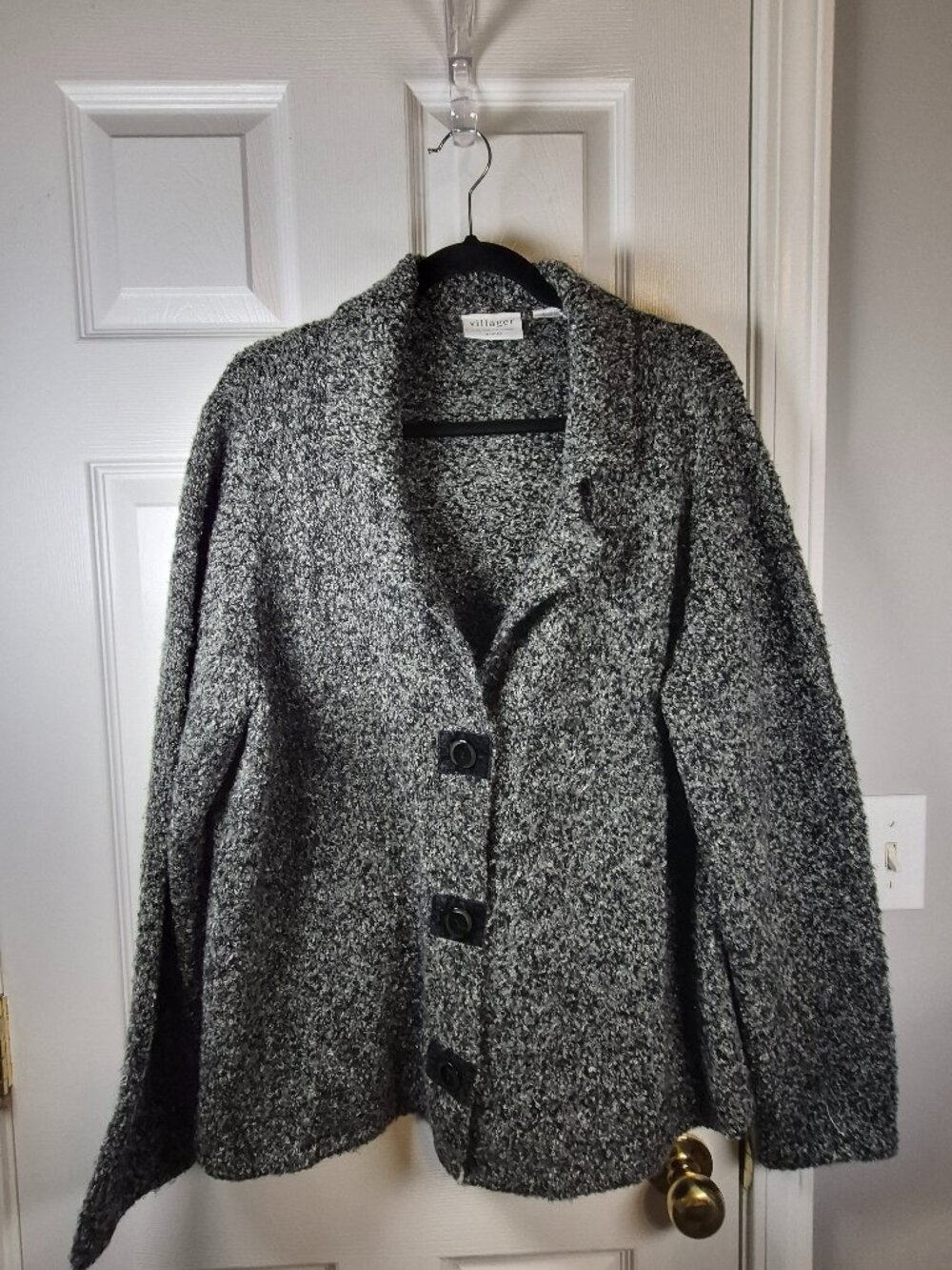 Villager Liz Claiborne Sweater Womens  XL Gray Boucle Button Front Cardigan